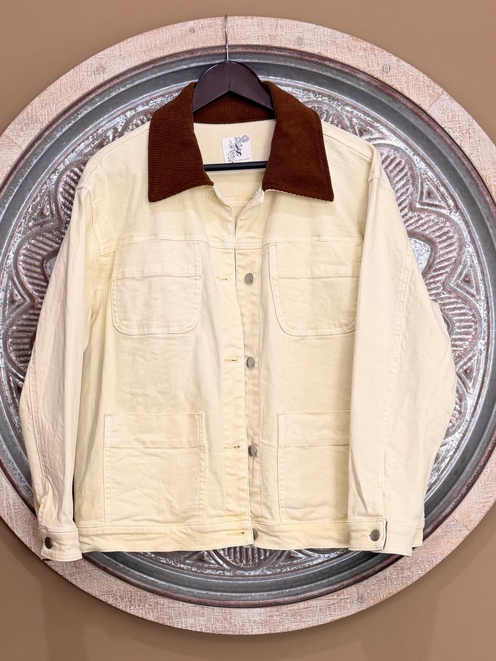 Altar'd State Butter Yellow Barn Jean Jacket with Brown Corduroy Collar - Picture 4 of 6